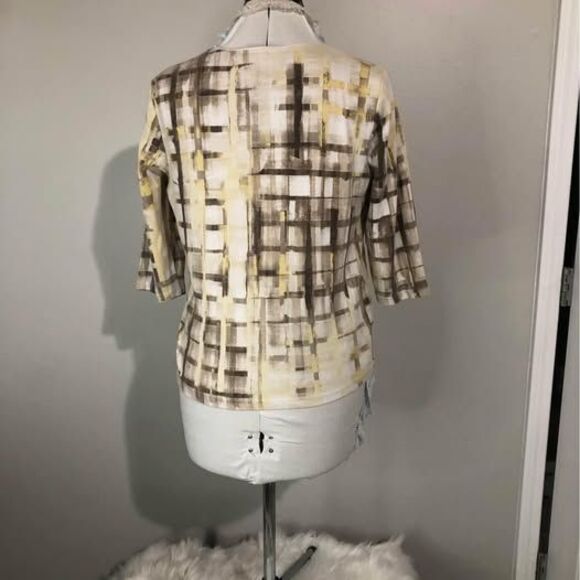 PL Karen & Scott Petites 3/4 Sleeves Brown Yellow pit-pit=20” length=22” C5508 - Picture 2 of 6